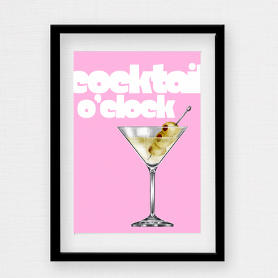 Cocktail O’clock wall print by Rock LV With martini glass and pink background 