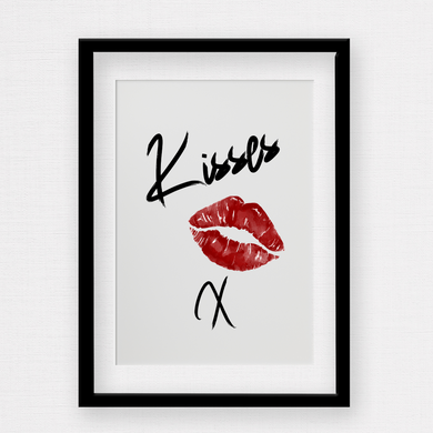 Custom black script print kisses with red lips on white background by rock lv