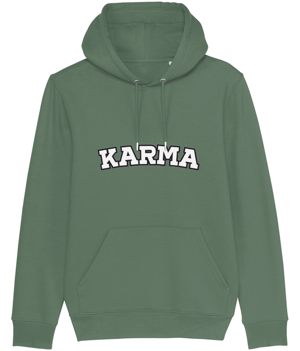 Green Karma slogan unisex adult hoodie by rock lv with black and white text